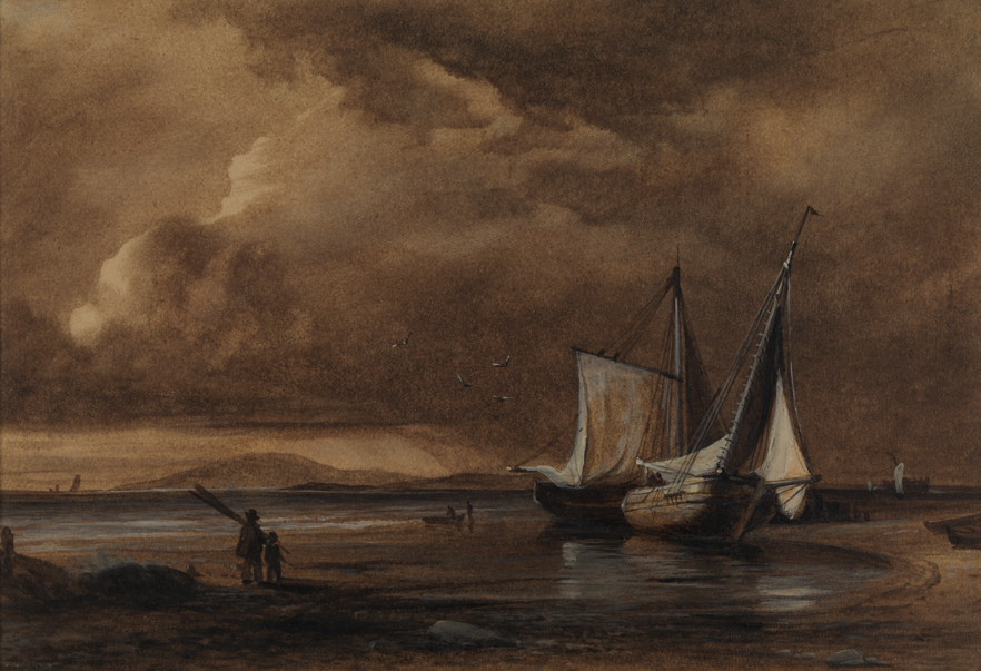 [Two boats beached in a cove, fisherman and boy on beach]