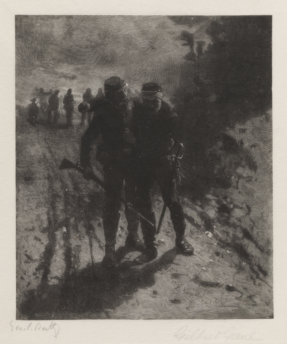 [Soldier aiding wounded comrade]