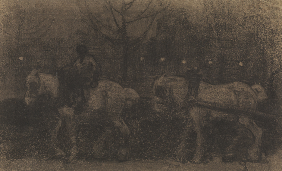 [Horses in a park at twilight]
