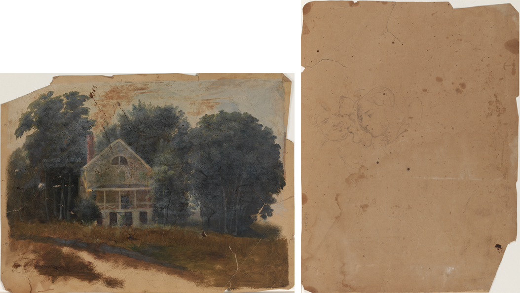 [Landscape with horse; Three head studies]