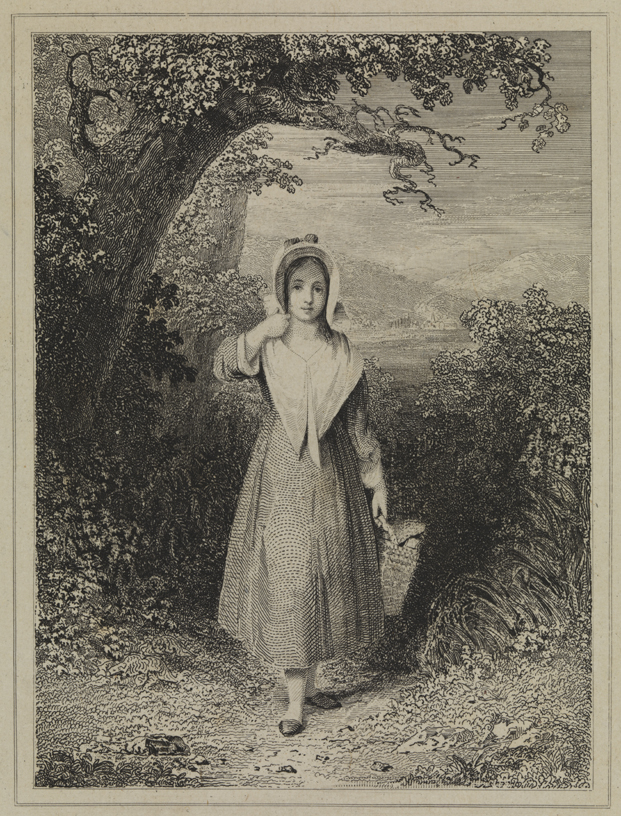 [Country girl with basket under tree]