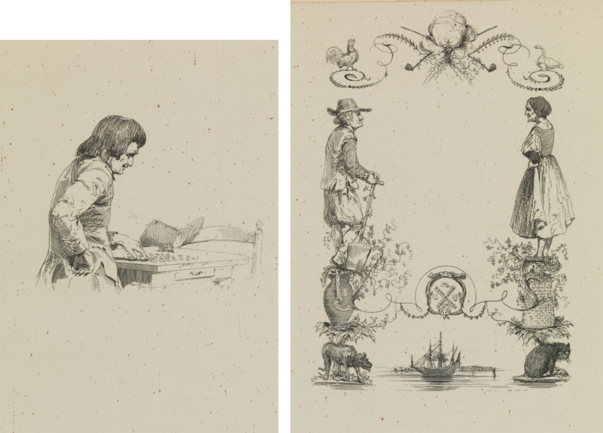 [Man counting coins];  [Peasant couple with ship, dog and cat (page decoration)]