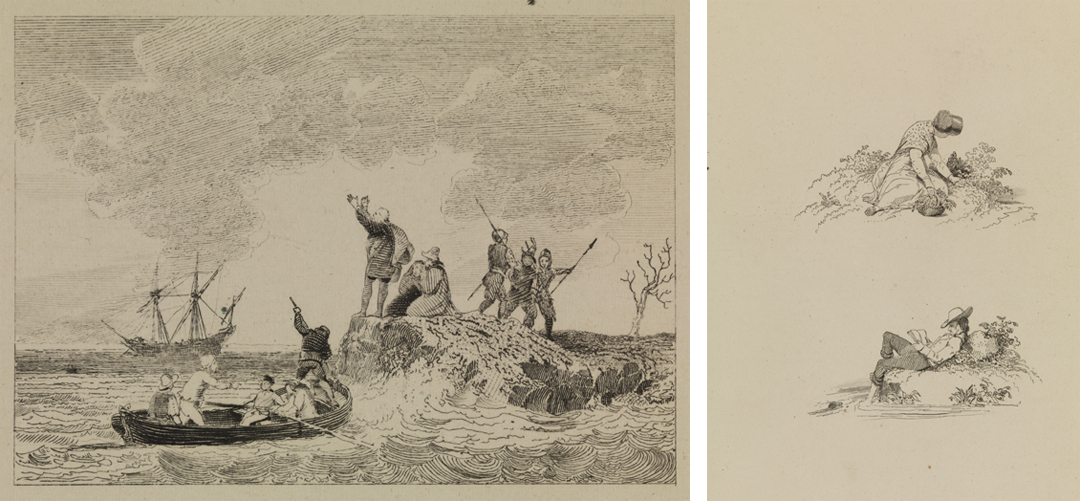 [Shorebound group in distress]; [Berry picking]; [Reading on riverbank], (three images)