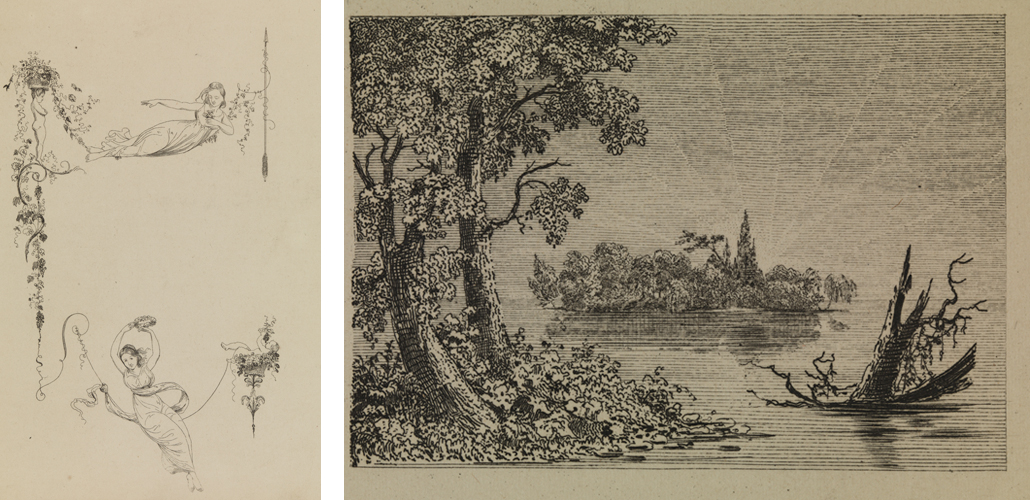 [Classical women and putti (page decoration)];  [Sunrise on a lake]