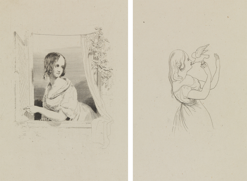 [Girl at open window];  [Girl kissing dove]