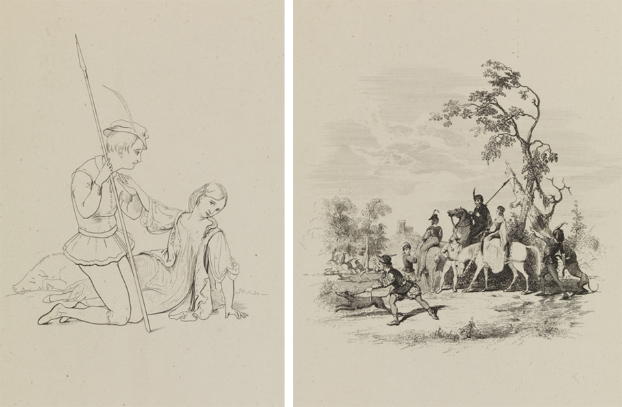 [Young man with a lance and young woman];  [Hunting party]