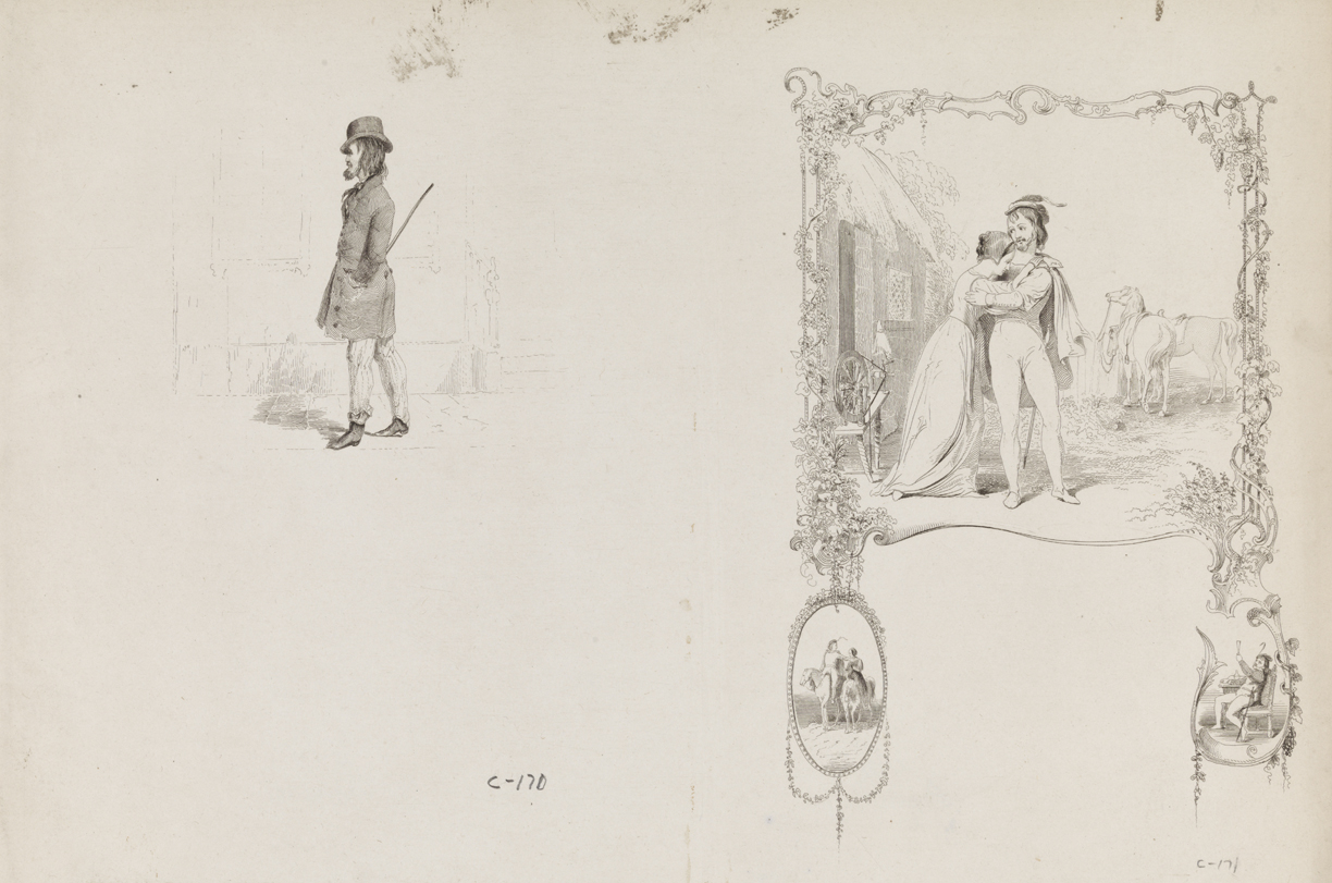 [Man with walking stick];  [Man bidding woman farewell (vignette)]