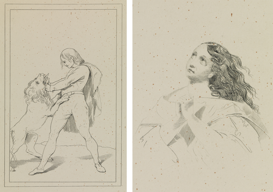 [Man strangling lion];  [Young woman praying]