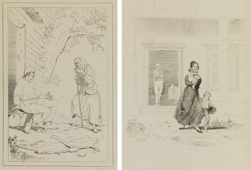[Peasant couple before log cabin];  [Woman and two children leaving man in doorway]