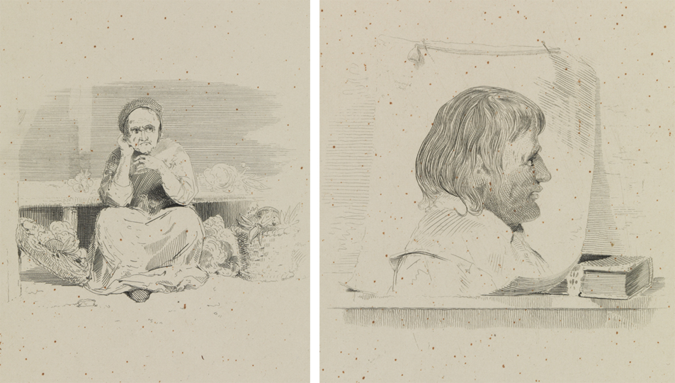 [Old woman vegetable seller]; [Profile portrait of man], (two images)