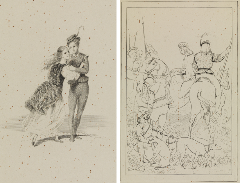 [Young couple embracing];  [Medieval hunt]