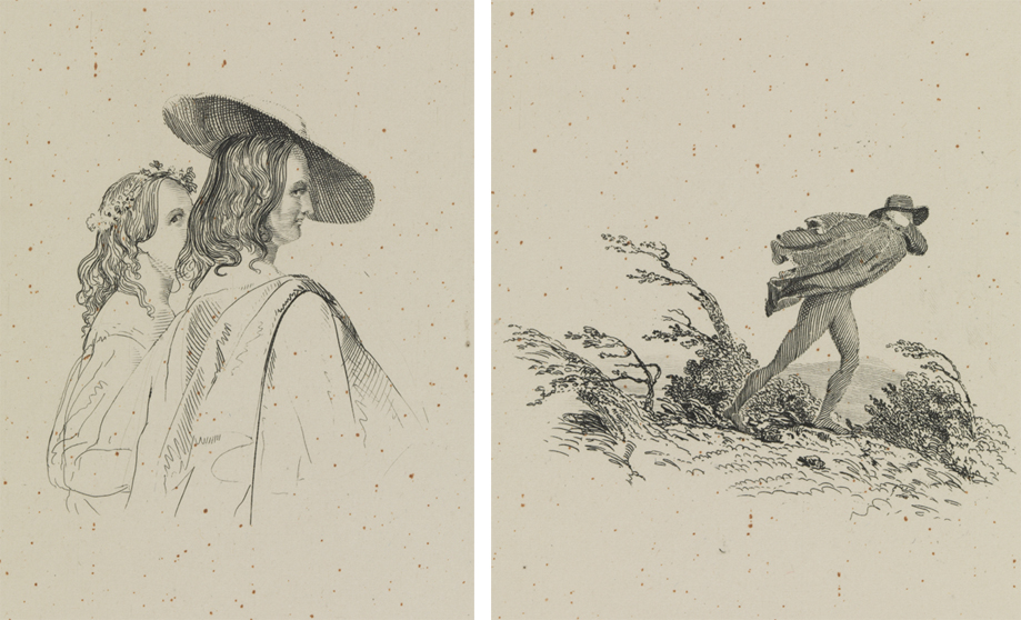 [Young man and woman arm in arm];  [Man walking against wind]