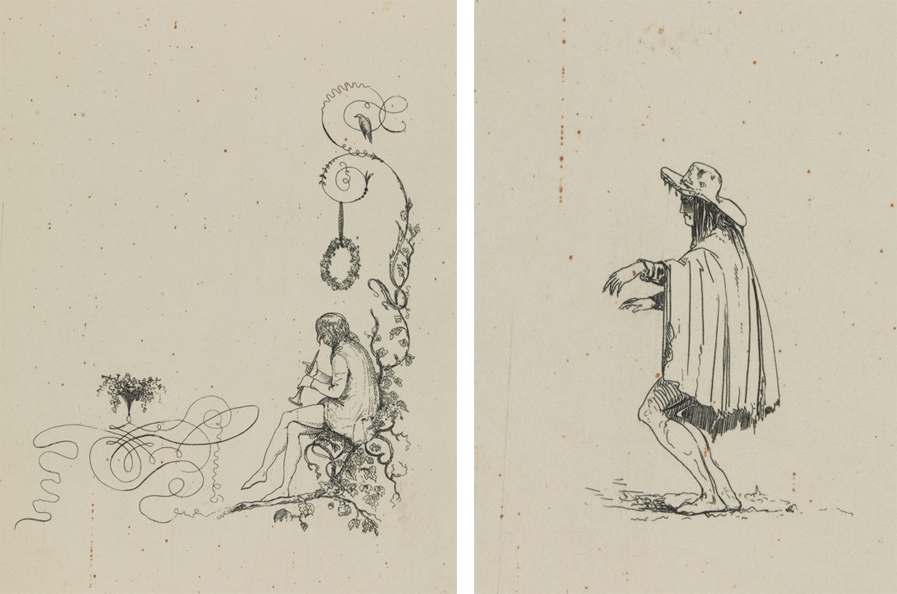 [Piper seated on tree branch (page decoration)];  [Man in rags]