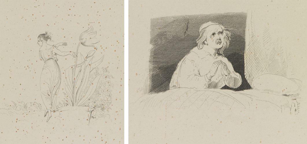 [Fairy with large tulip];  [Man kneeling by bed in prayer]