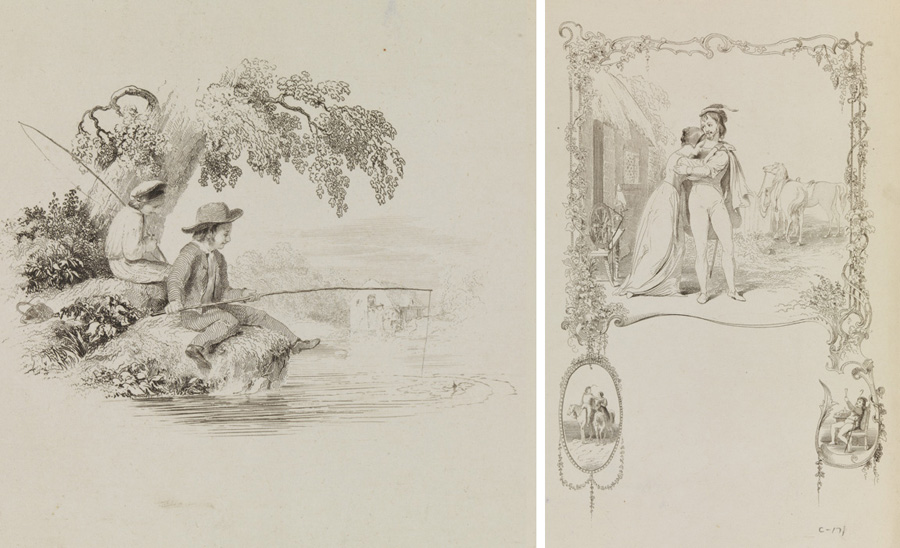 [Two boys fishing];  [Woman seated with peacock and drapery]