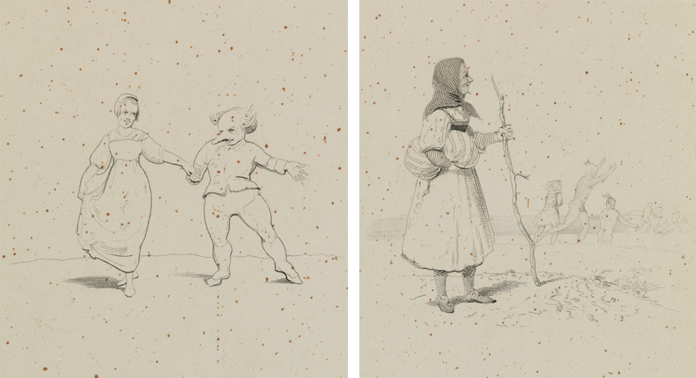 [Girl and dwarf dancing];  [Woman watching Indians flee across river]