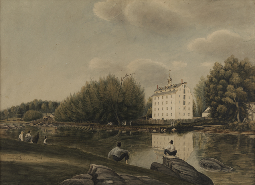 [River scene with mill]