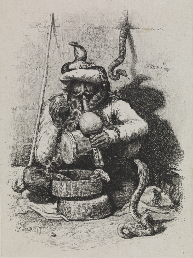 [Snake charmer with four snakes]
