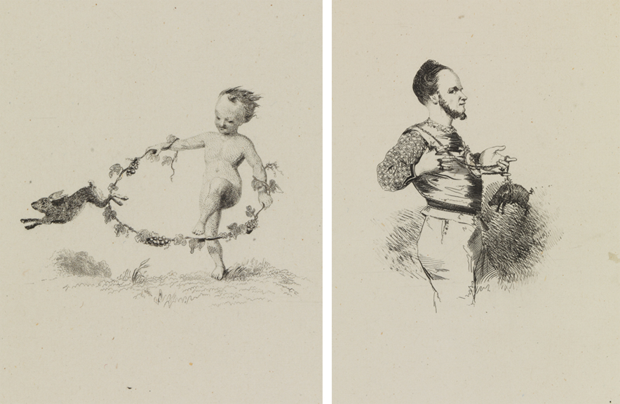 [Cupid and rabbit skipping rope];  [Man with swine on chain]