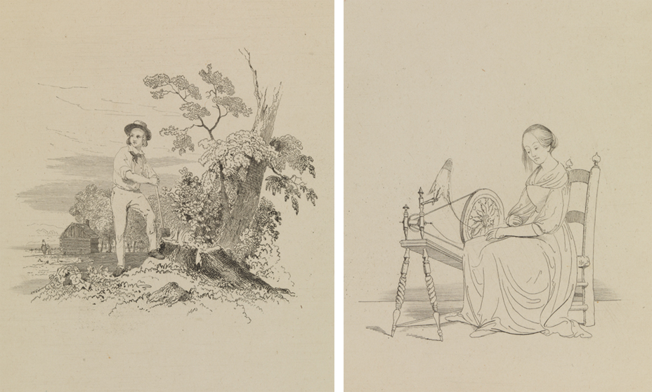 [Woodcutter];  [Woman at spinning wheel]