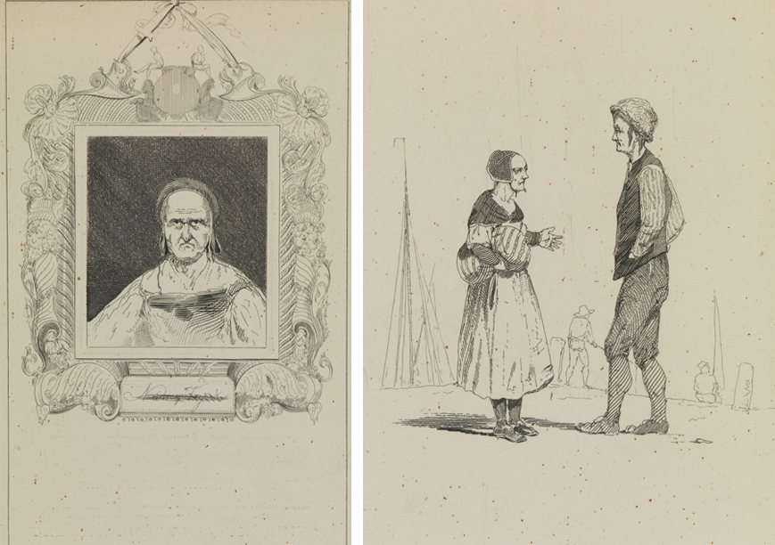 [Old woman in picture frame];  [Fisherman and woman]