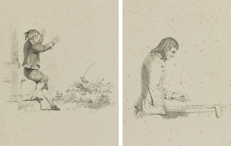 [Man with frogs];  [Man counting coins]