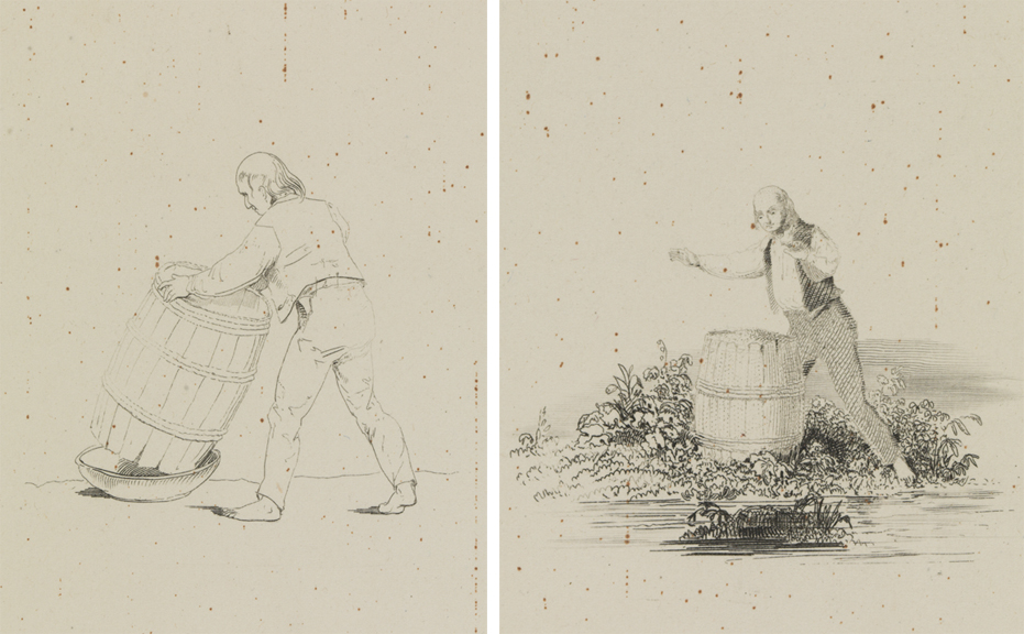 [Man emptying barrel];  [Man discovering barrel]