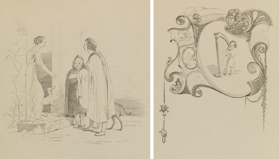 [Man bidding woman and child farewell (vignette)];  [Child with a harp (in decorative border)],