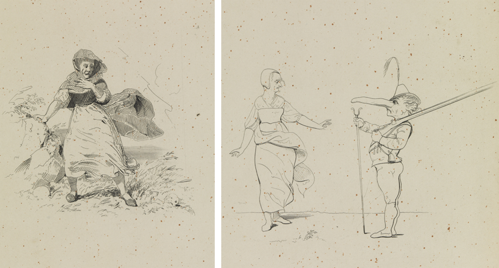 [Old woman startled by skull];  [Old woman and dwarf]