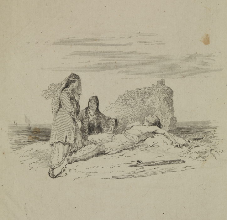 [Man washed ashore with two women in Middle Eastern costume]