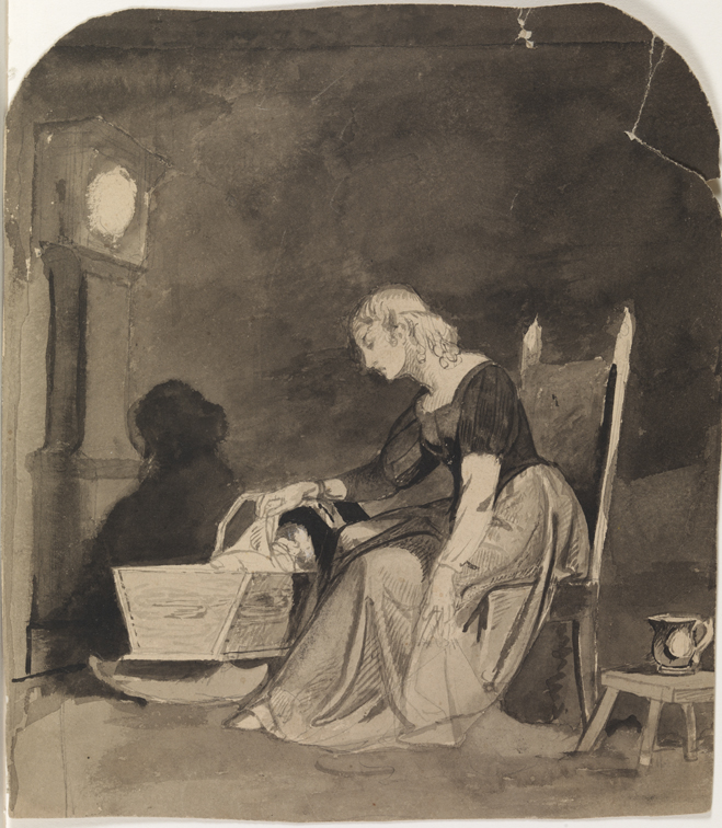 [Woman seated by cradle] recto; [Figure studies - fragment] verso