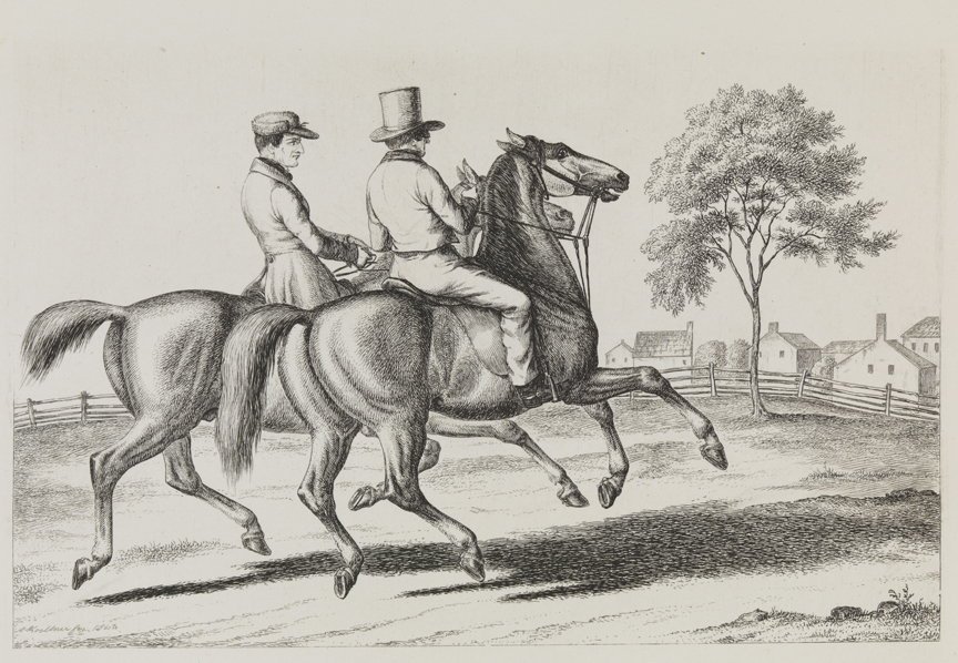 [Two mounted riders approaching houses]