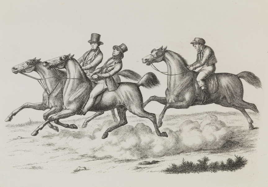 [Three mounted riders]