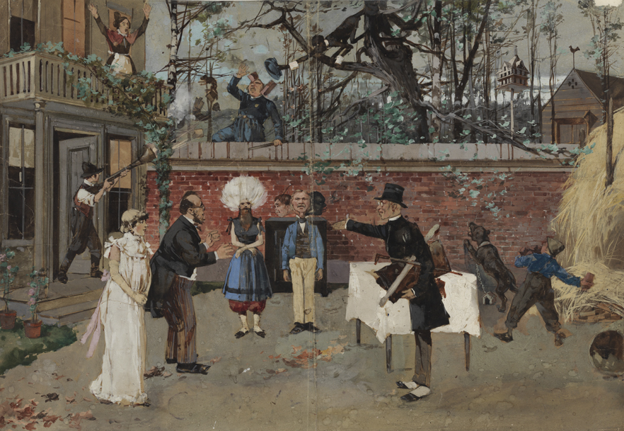 (Scene from a play: bearded lady, three-headed man, and others)