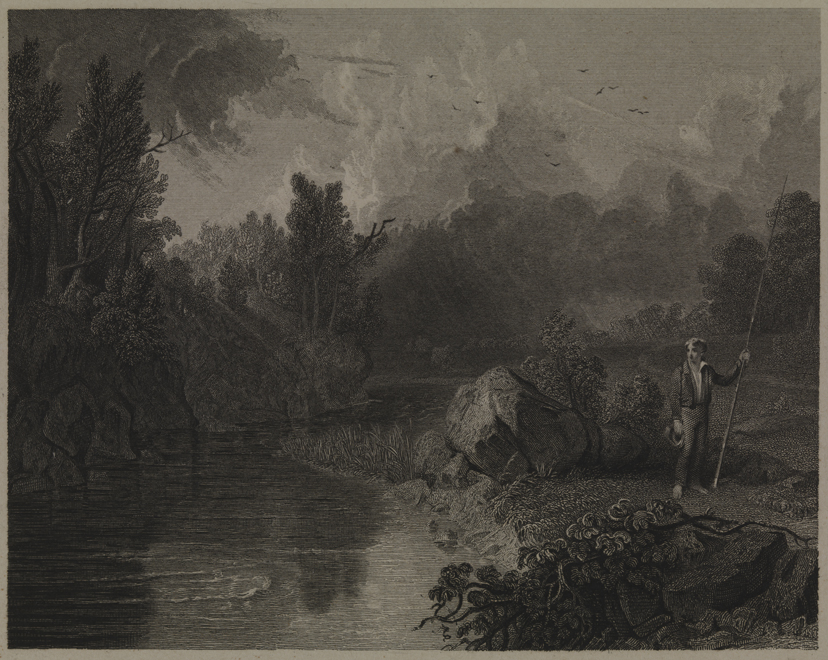 [Boy standing by a stream]