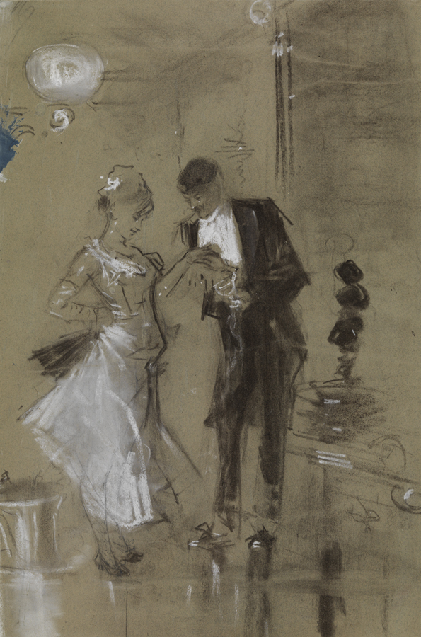 [Man and woman in evening dress, drinking]
