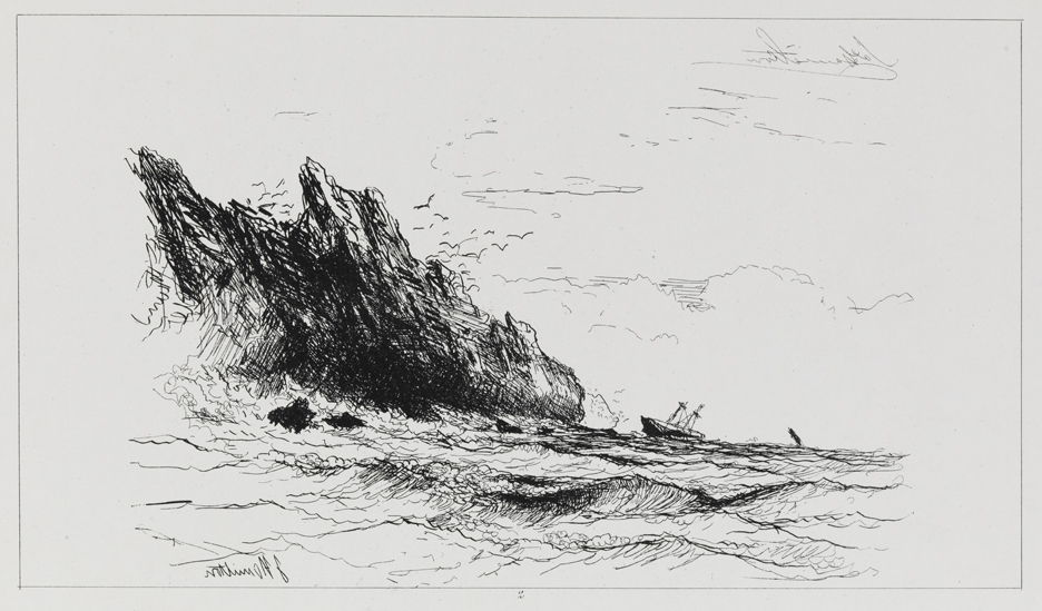 [Ship foundering off rugged coast]