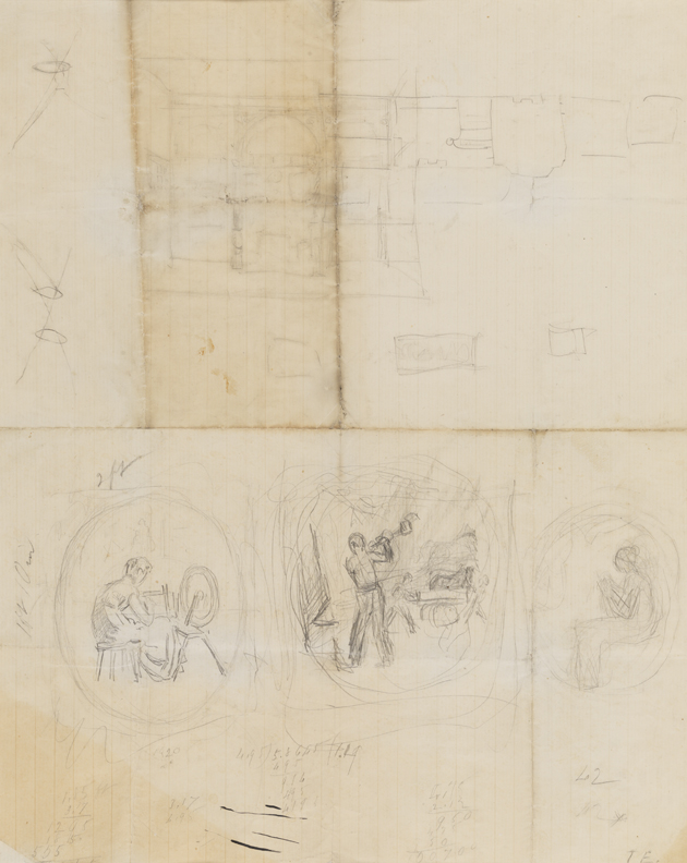 Spinning and Knitting: Architectural Plan, Interior Elevation, and Sketch of Three Relief Sculptures