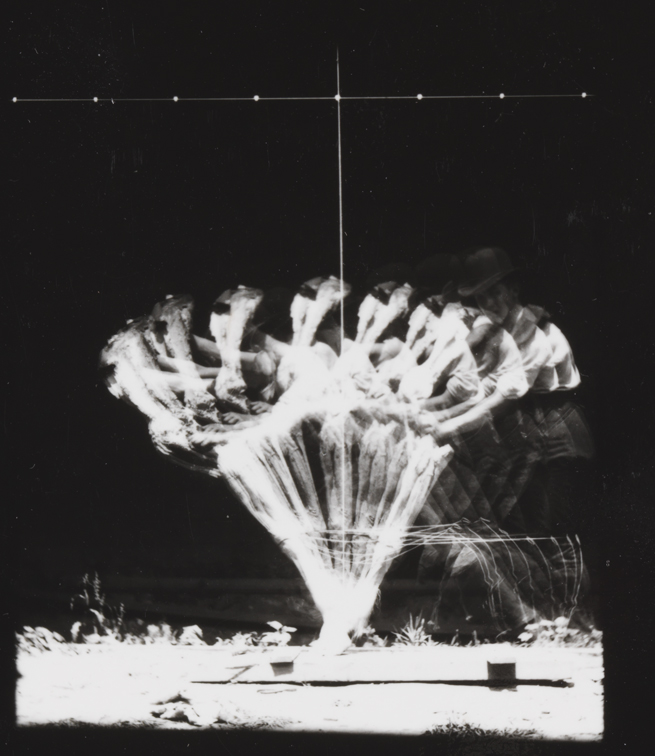 Differential-action study: man in bowler hat, moving horse's stripped leg