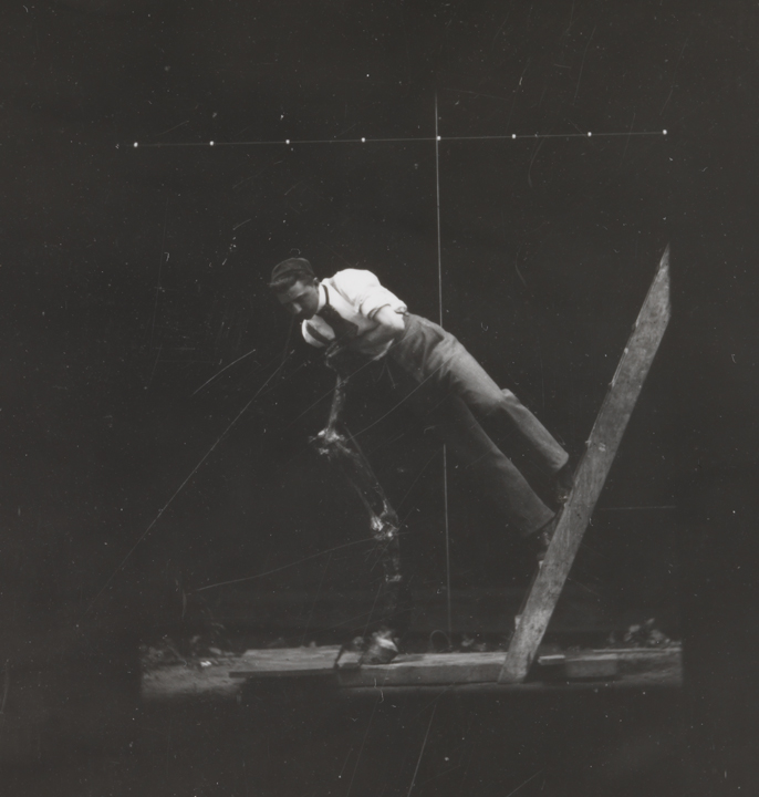 Differential-action study: man on ladder, leaning on horse's stripped foreleg