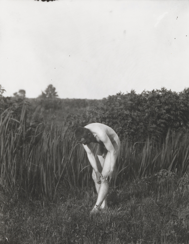 Thomas Eakins nude, bending forward, hands grasping left knee, in tall grass