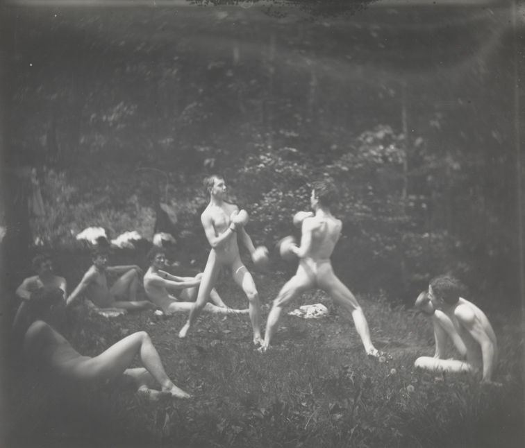 Seven males, nude, two boxing at center