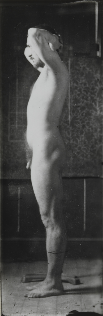Naked Series: Thomas Eakins in front of wallpaper backdrop, pose 1