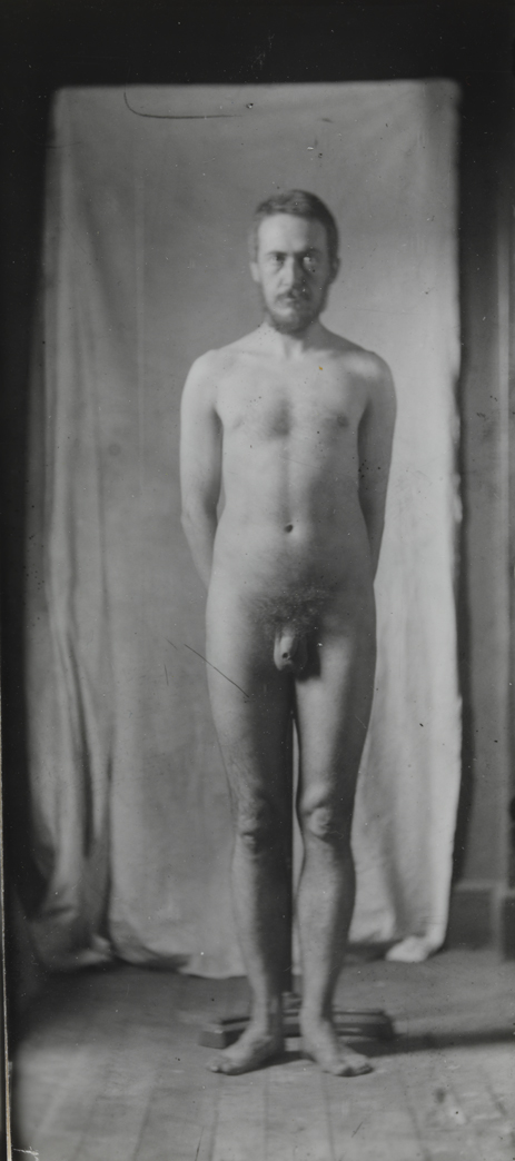 Naked series: Thomas Eakins in front of cloth backdrop, pose 4