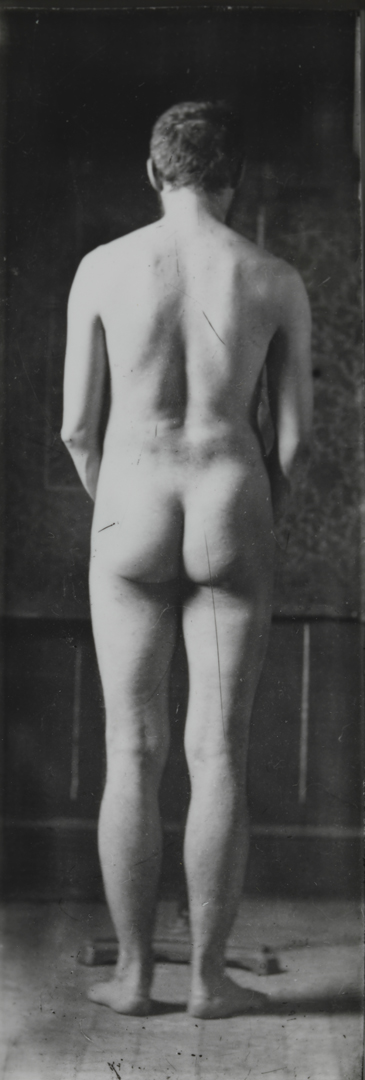 Naked series: Thomas Eakins in front of wallpaper backdrop, pose 6