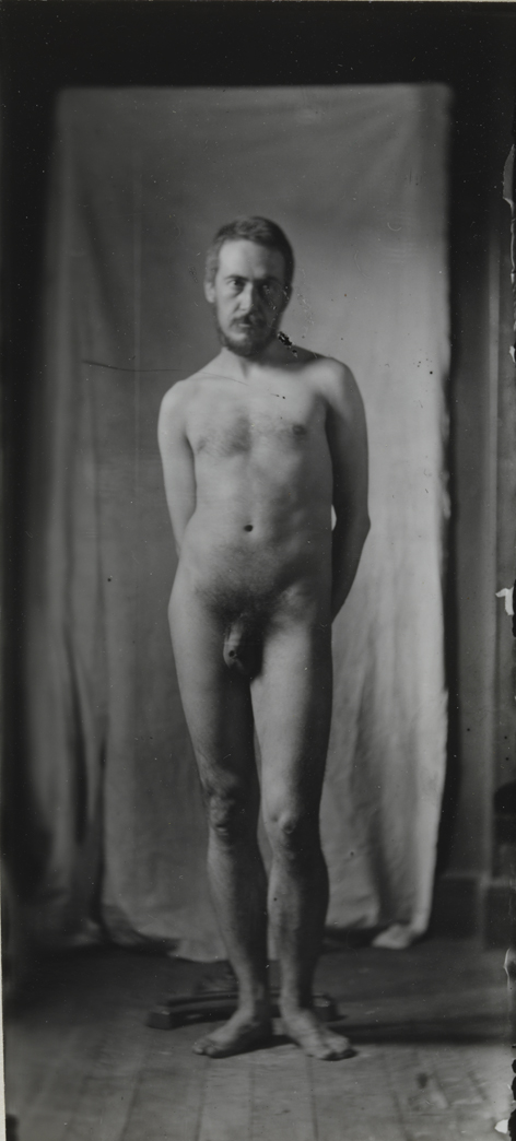 Naked series: Thomas Eakins in front of cloth backdrop, pose 7