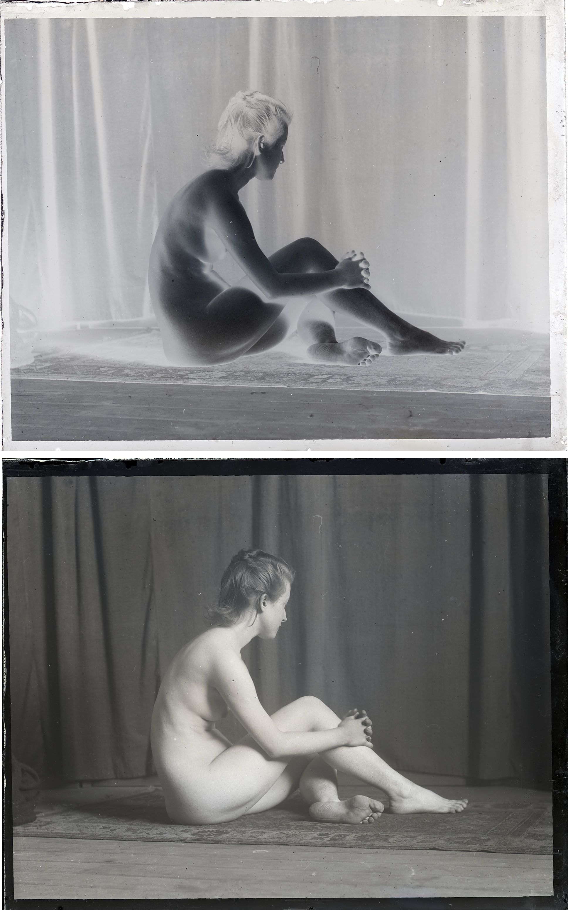 Female nude sitting on floor, hands clasped below knee