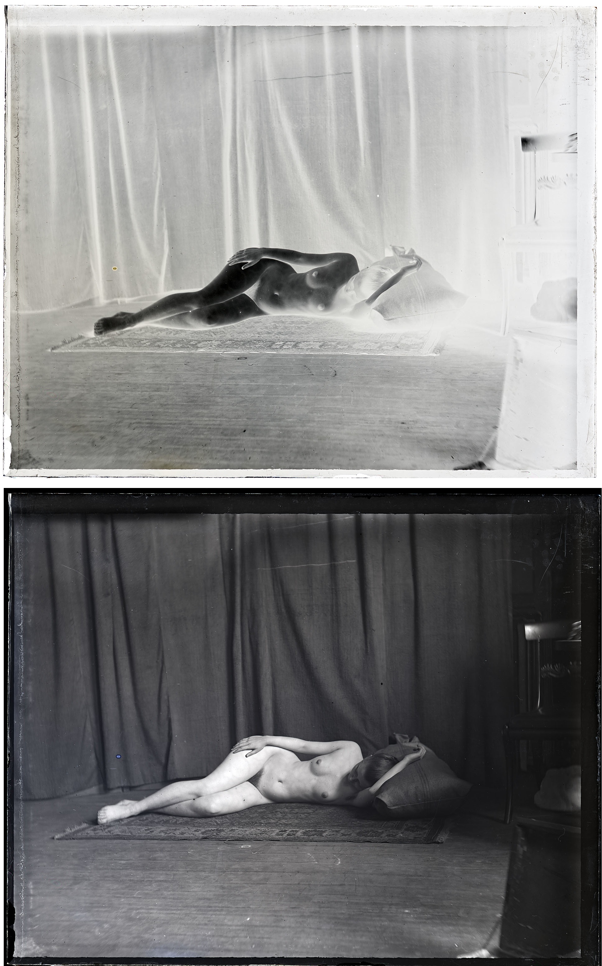 Female nude reclining on floor, head on pillow
