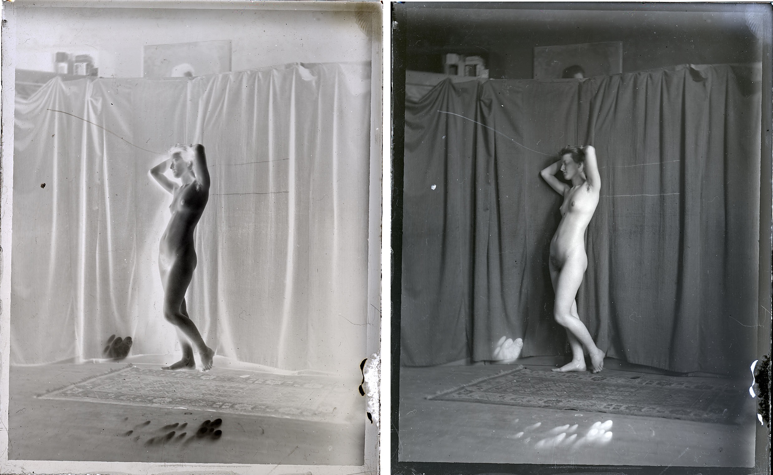 Female nude, facing right, hands clasped behind head        