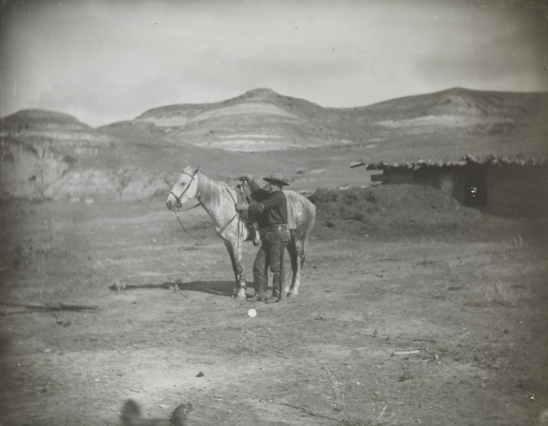 Cowboy in dark shirt, standing next to dappled horse